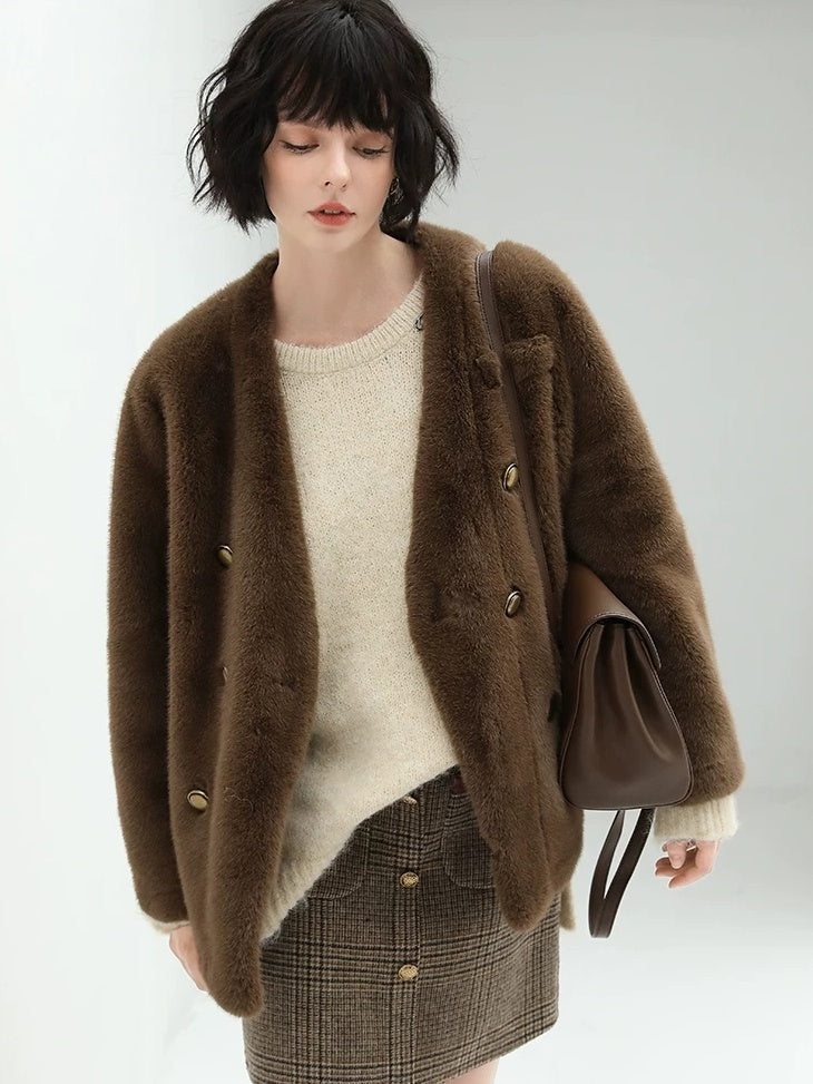 COCOBELLA Full Faux Fur Plush Tailored V Neck Office Women Regular Fit Coats