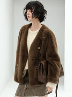 COCOBELLA Full Faux Fur Plush Tailored V Neck Office Women Regular Fit Coats
