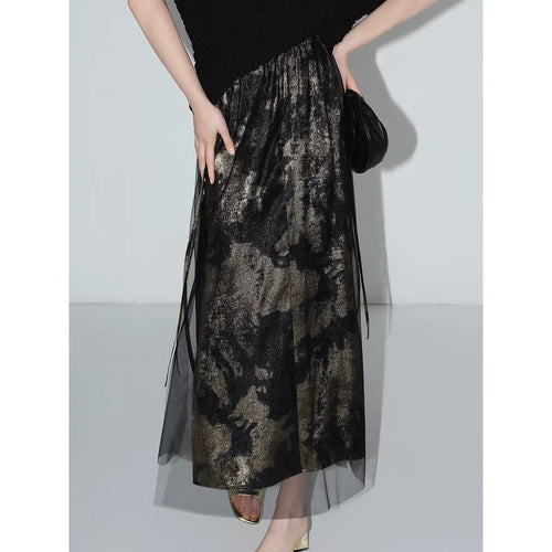 COCOBELLA_Gold_Rope_Knot_Mesh_Patchwork_Chinese_Midwaist_Office_Hline_Polyester_Skirts_MISSTT