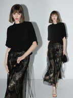 COCOBELLA Gold Rope Knot Mesh Patchwork Chinese Midwaist Office Hline Polyester Skirts