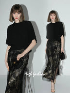 COCOBELLA Gold Rope Knot Mesh Patchwork Chinese Midwaist Office Hline Polyester Skirts
