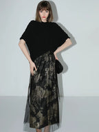 COCOBELLA Gold Rope Knot Mesh Patchwork Chinese Midwaist Office Hline Polyester Skirts