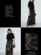 COCOBELLA Gold Rope Knot Mesh Patchwork Chinese Midwaist Office Hline Polyester Skirts