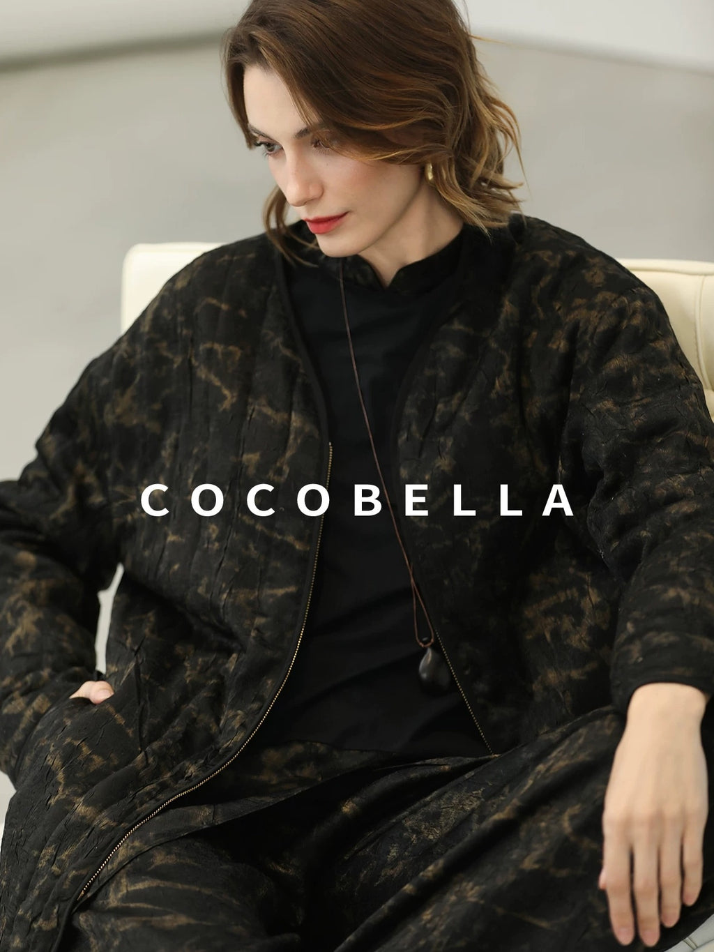 COCOBELLA Gold Trim Insulated Straight Fit V Neck Zip Pockets Women Short Padded Jackets