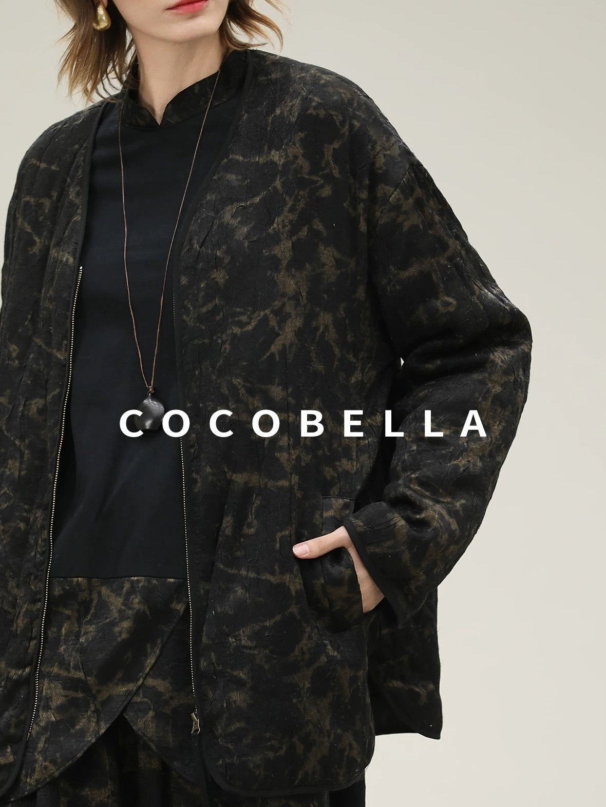 COCOBELLA Gold Trim Insulated Straight Fit V Neck Zip Pockets Women Short Padded Jackets