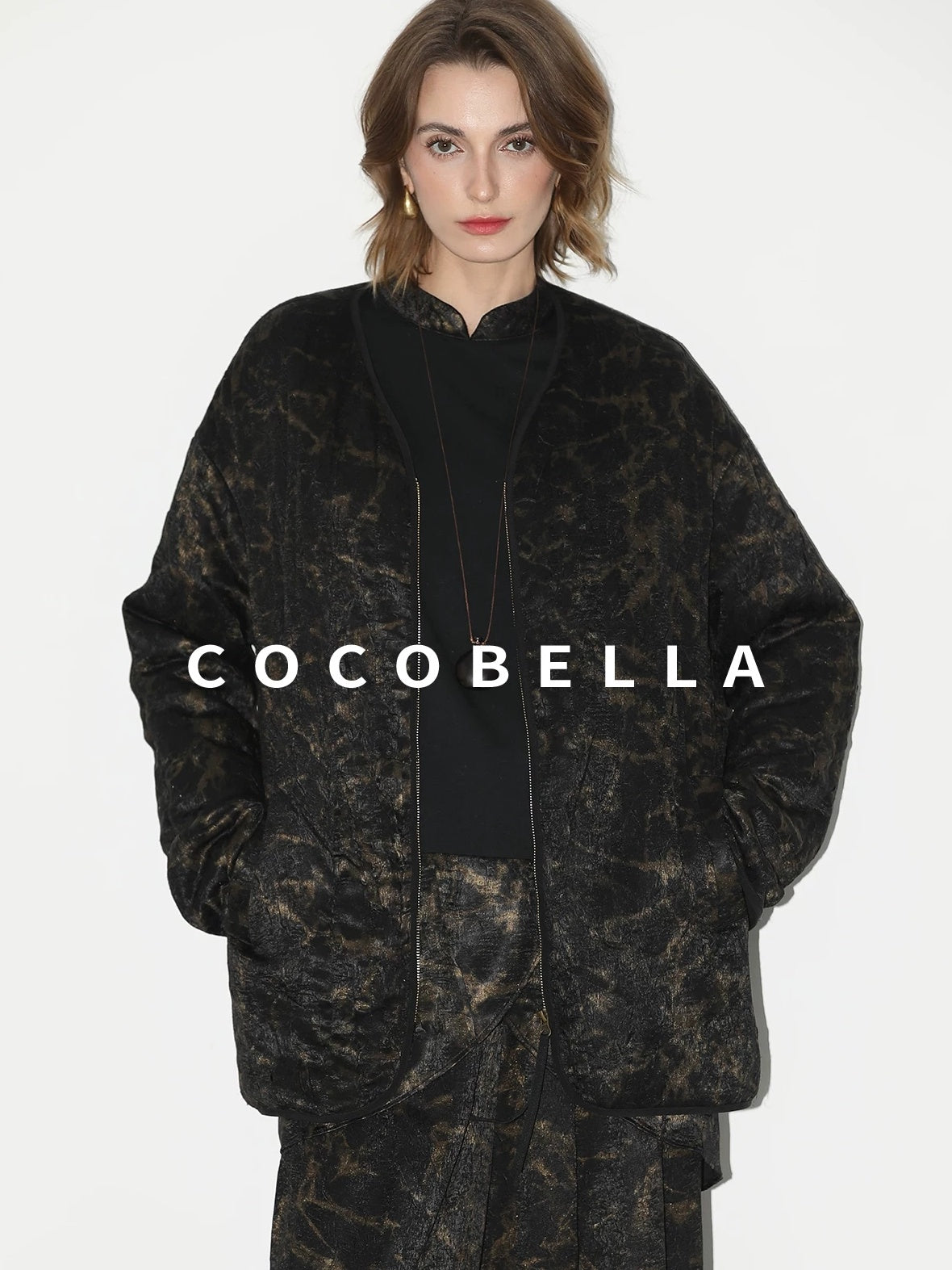 COCOBELLA Gold Trim Insulated Straight Fit V Neck Zip Pockets Women Short Padded Jackets