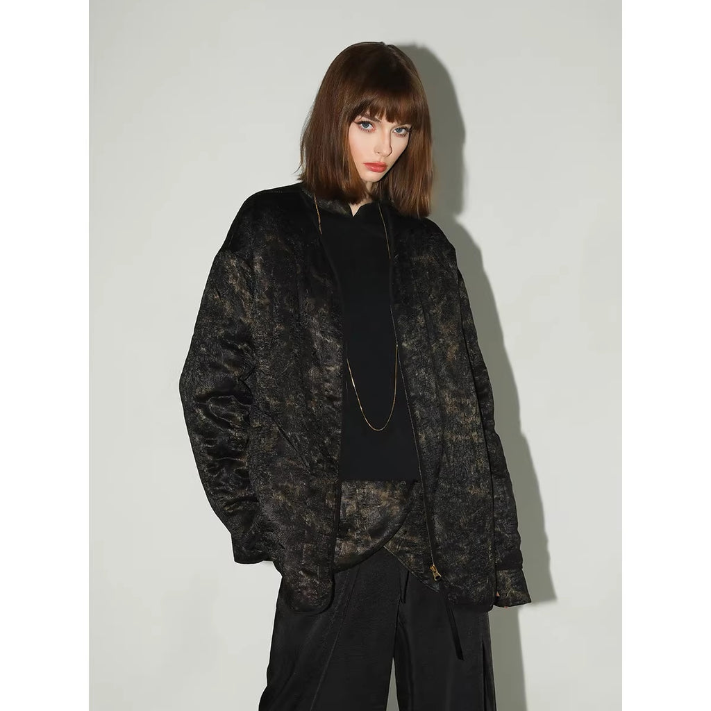 COCOBELLA_Gold_Trim_Ruched_Zip_Straight_Women_Obsidian_Black_Short_Padded_Jackets_MISSTT