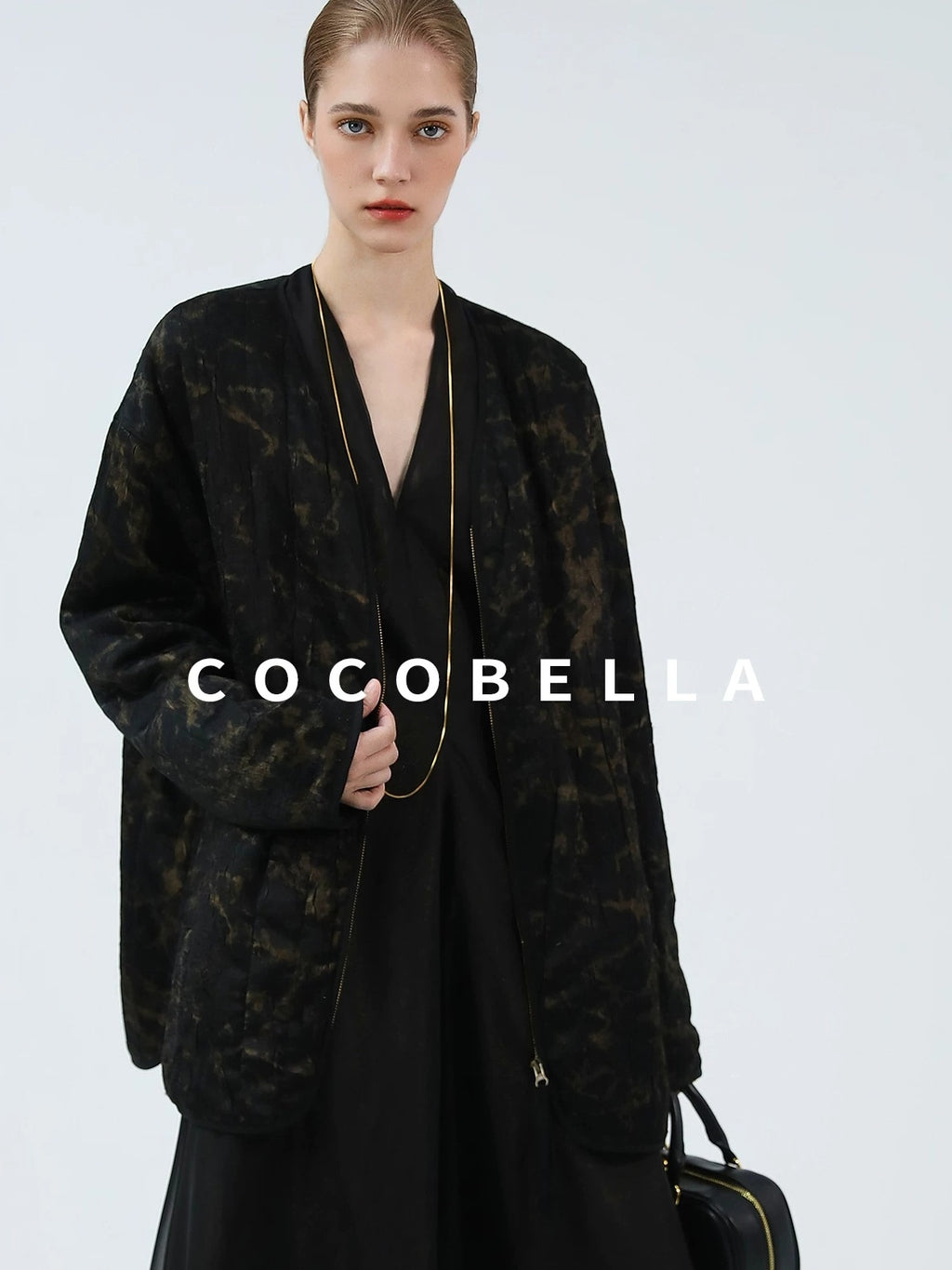 COCOBELLA Gold Trim Ruched Zip Straight Women Obsidian Black Short Padded Jackets