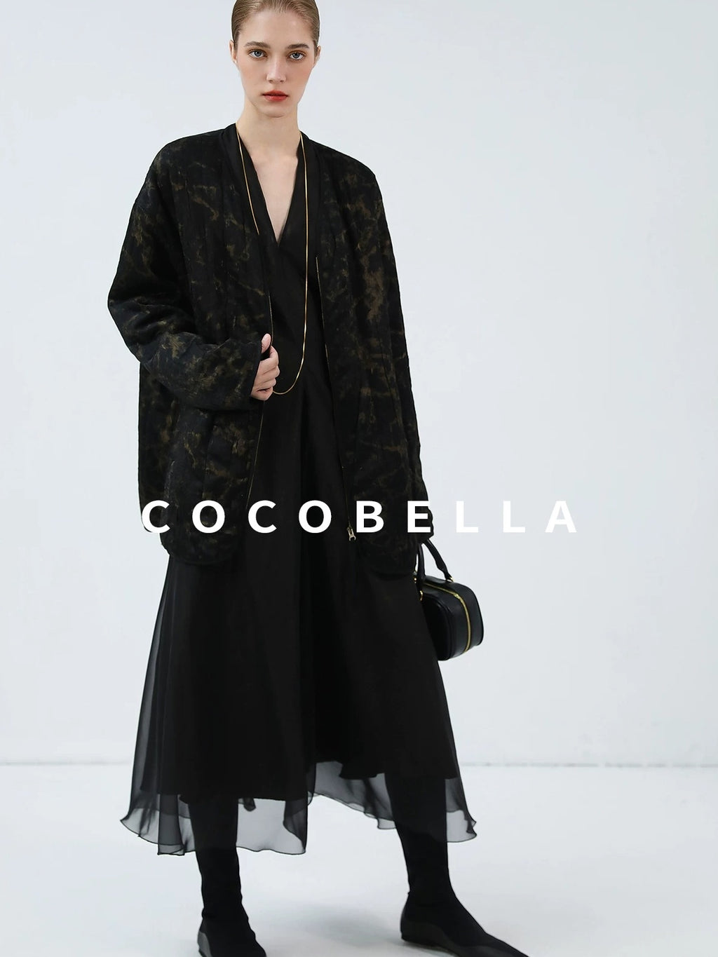 COCOBELLA Gold Trim Ruched Zip Straight Women Obsidian Black Short Padded Jackets