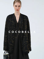 COCOBELLA Gold Trim Ruched Zip Straight Women Obsidian Black Short Padded Jackets