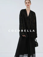 COCOBELLA Gold Trim Ruched Zip Straight Women Obsidian Black Short Padded Jackets
