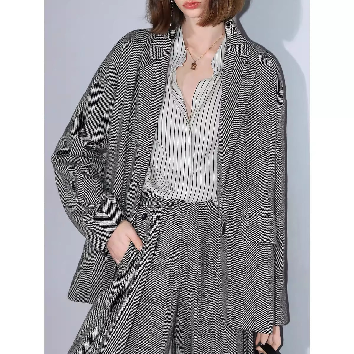 COCOBELLA_Herringbone_One_Button_Casual_Straight_Fit_Blazer_Collar_Women_Office_Shirts_MISSTT
