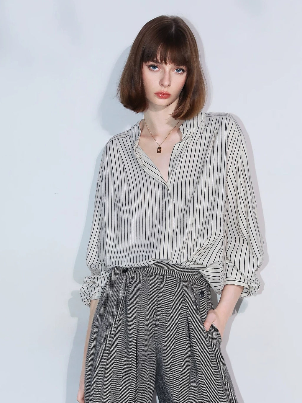 COCOBELLA Herringbone One Button Casual Straight Fit Blazer Collar Women Office Shirts