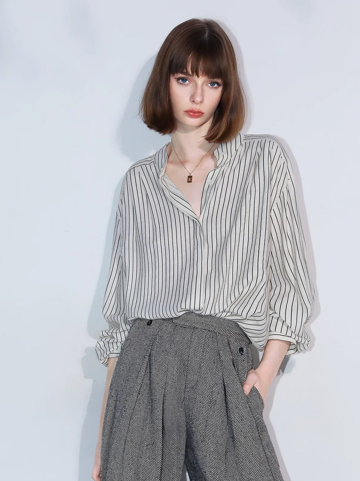 COCOBELLA Herringbone One Button Casual Straight Fit Blazer Collar Women Office Shirts