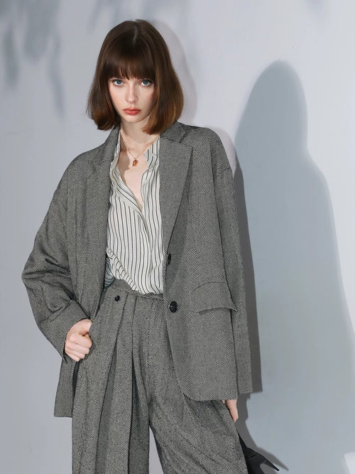 COCOBELLA Herringbone Straight Fit Casual Single Button Tailored Office Women Blazers