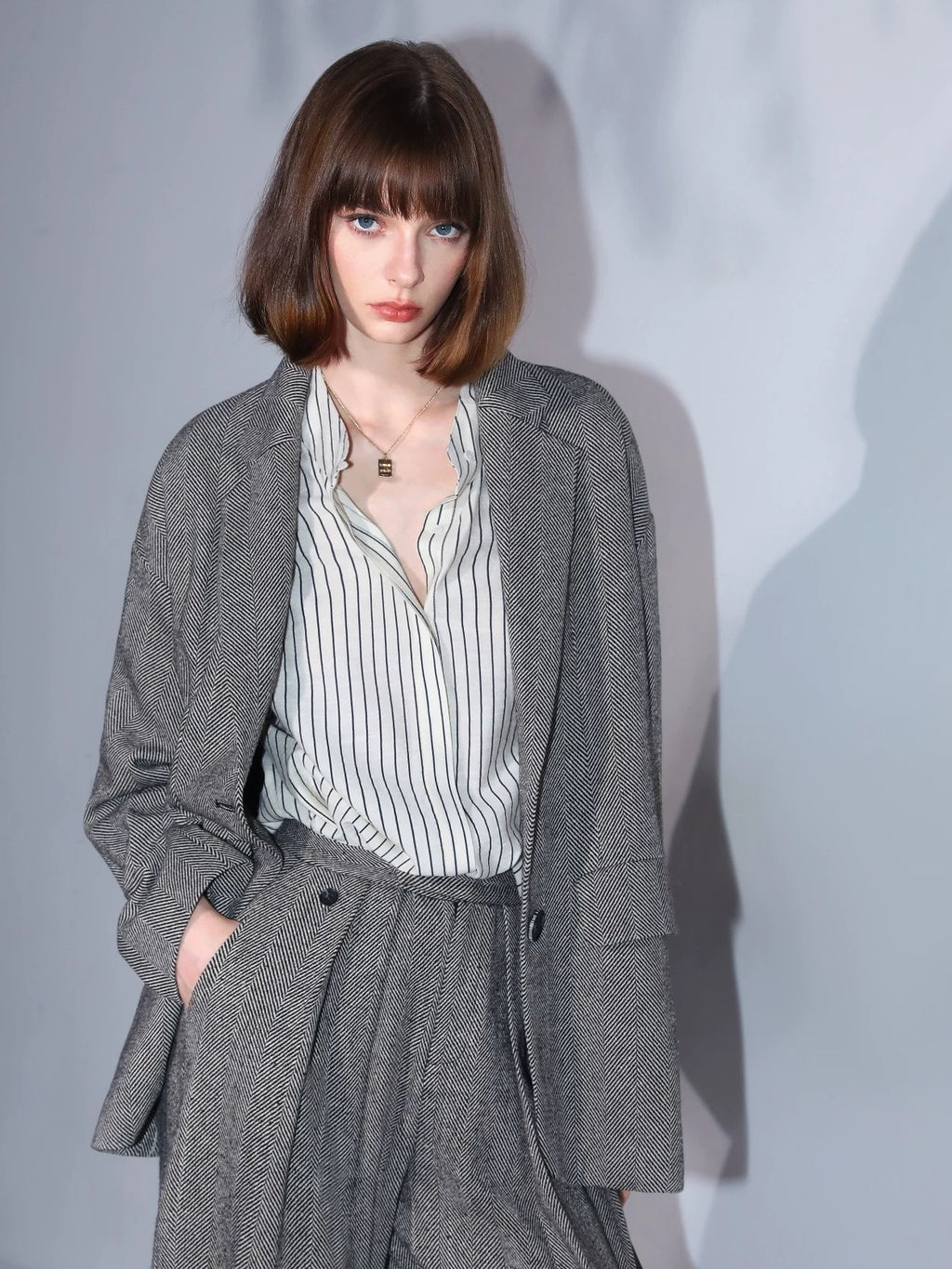 COCOBELLA Herringbone Straight Fit Casual Single Button Tailored Office Women Blazers