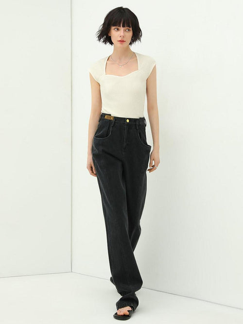 COCOBELLA High Waist Comfortable Loose Straight Denim Black Women Everyday Casual Pants