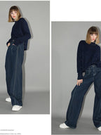 COCOBELLA High Waist Cotton Straight Leg Casual Women Denim Blue Brushed Pants