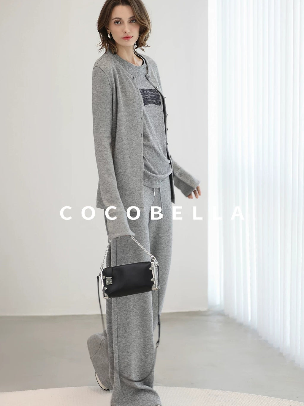 COCOBELLA High Waist Elastic Waistband Wide Leg Relaxed Fit Women Solid Knit Pants