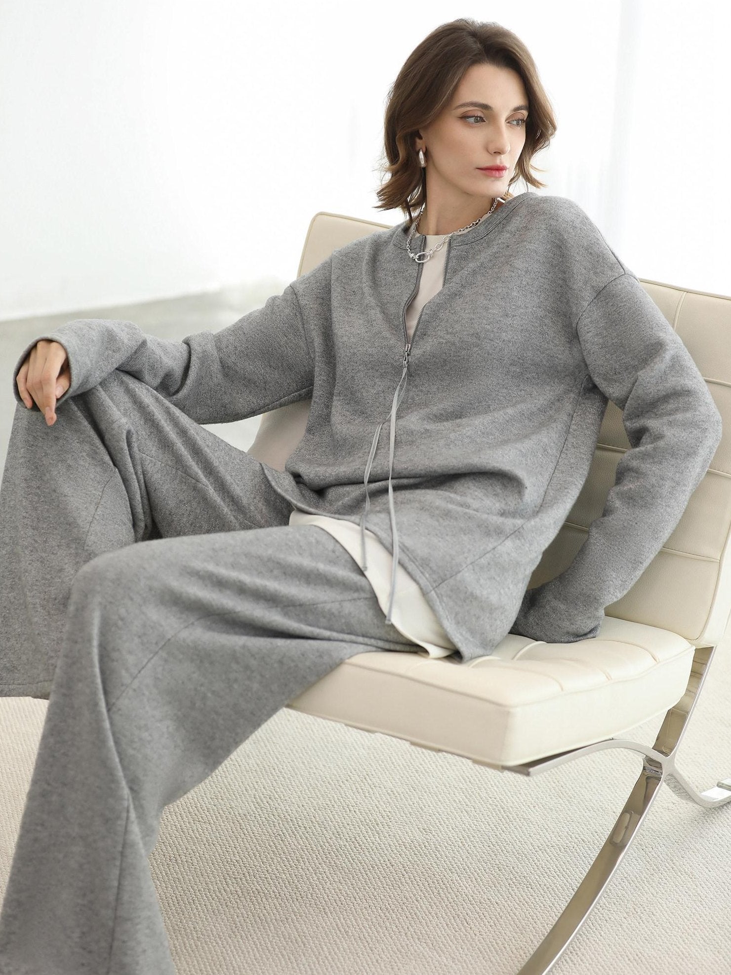 COCOBELLA High Waist Elastic Waistband Wide Leg Relaxed Fit Women Solid Knit Pants
