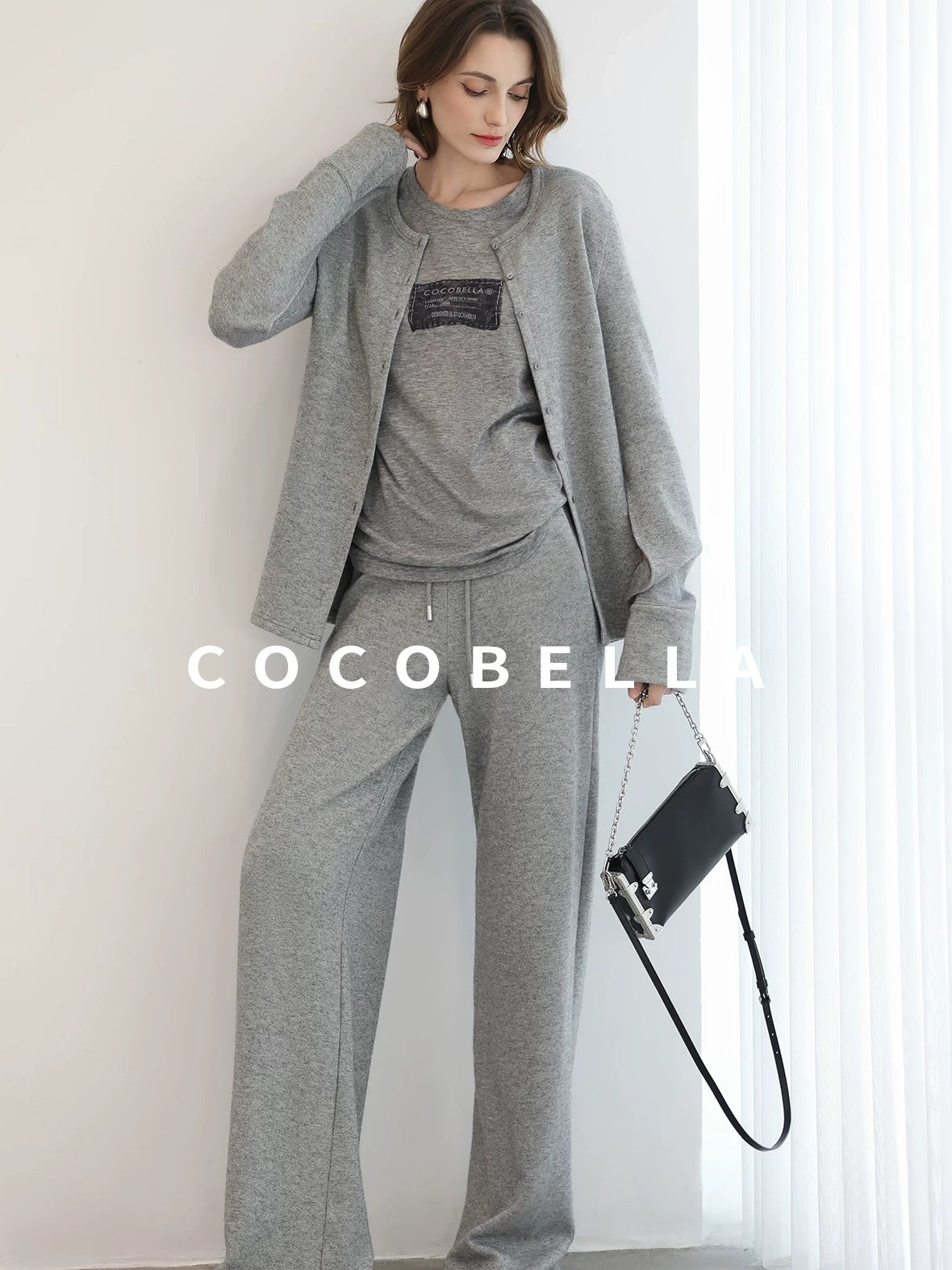 COCOBELLA High Waist Elastic Waistband Wide Leg Relaxed Fit Women Solid Knit Pants