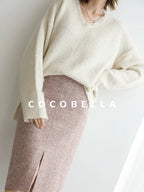 COCOBELLA High Waist Front Slit Straight Zipper Women City Commute Midi Skirts