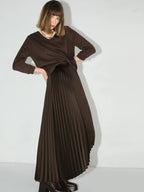COCOBELLA High Waist Ladylike Asymmetric Pleated A Line Office Chocolate Midi Skirts