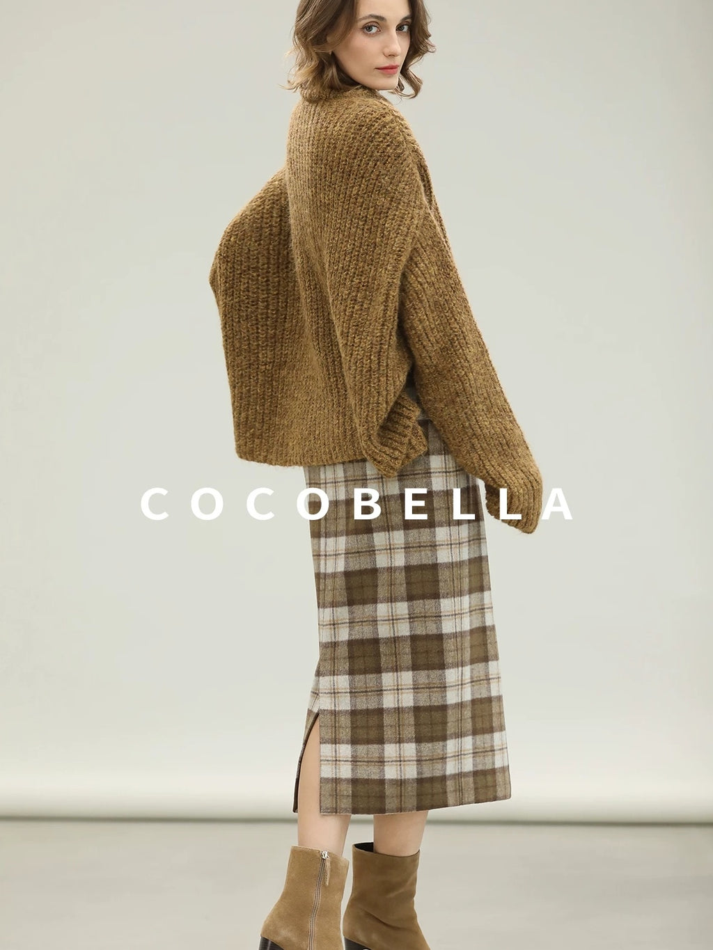 COCOBELLA High Waist Lined Wool Blend Patchwork Straight Ol Office Plaid Midi Skirts