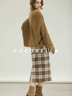 COCOBELLA High Waist Lined Wool Blend Patchwork Straight Ol Office Plaid Midi Skirts