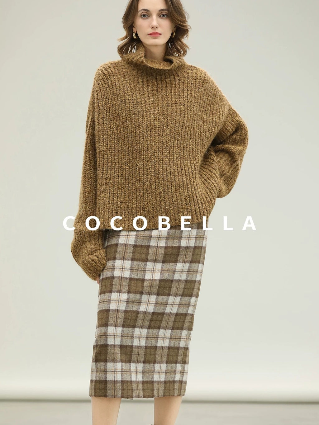 COCOBELLA High Waist Lined Wool Blend Patchwork Straight Ol Office Plaid Midi Skirts