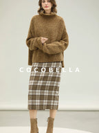 COCOBELLA High Waist Lined Wool Blend Patchwork Straight Ol Office Plaid Midi Skirts