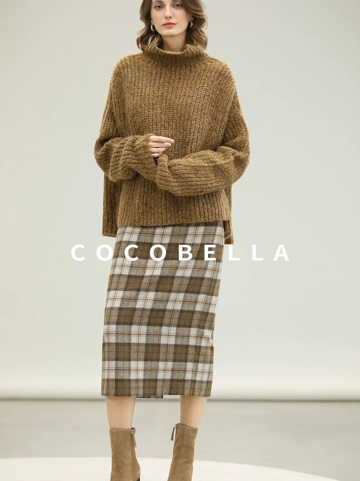 COCOBELLA High Waist Lined Wool Blend Patchwork Straight Ol Office Plaid Midi Skirts
