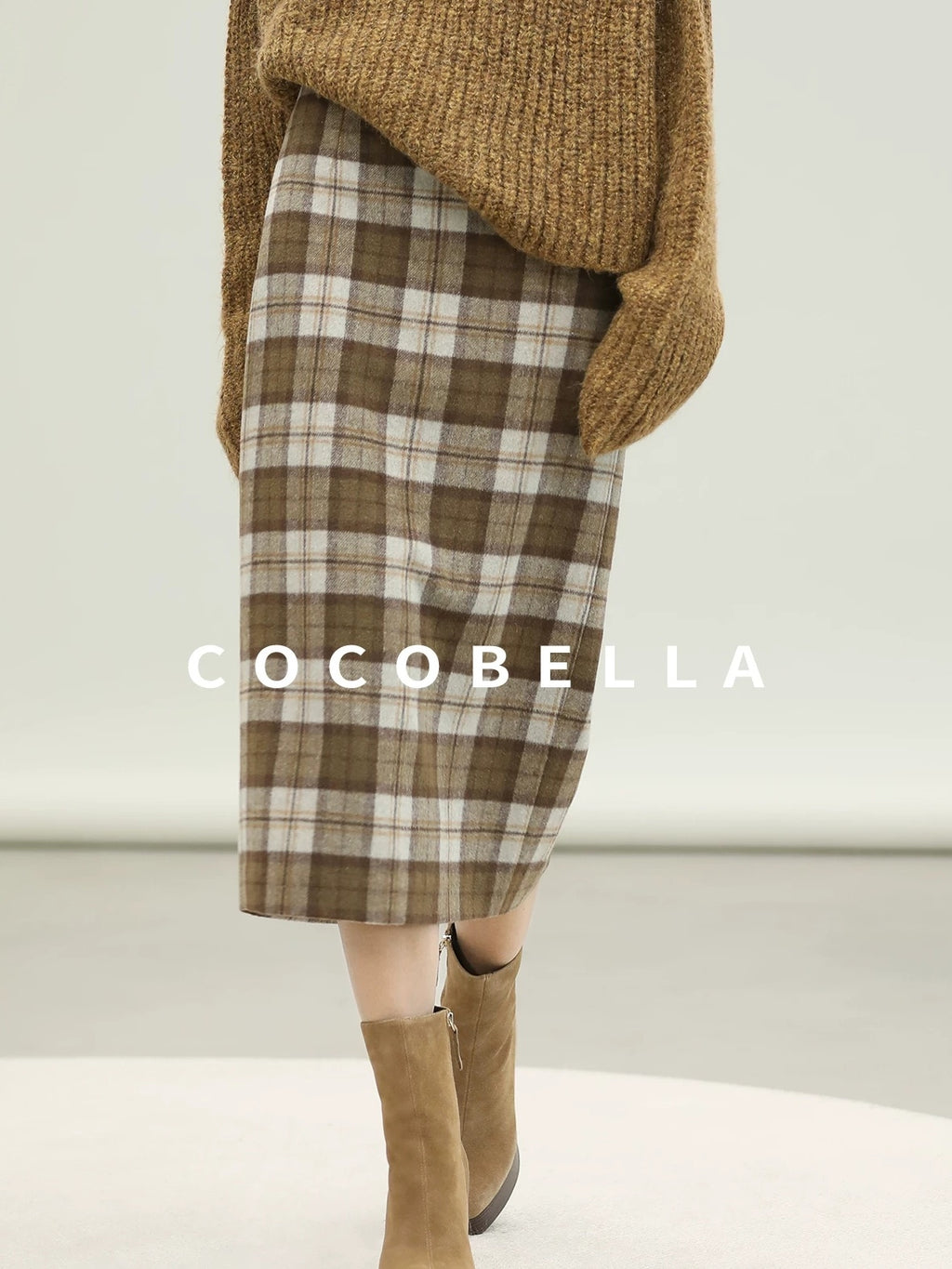 COCOBELLA High Waist Lined Wool Blend Patchwork Straight Ol Office Plaid Midi Skirts