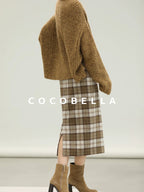 COCOBELLA High Waist Lined Wool Blend Patchwork Straight Ol Office Plaid Midi Skirts