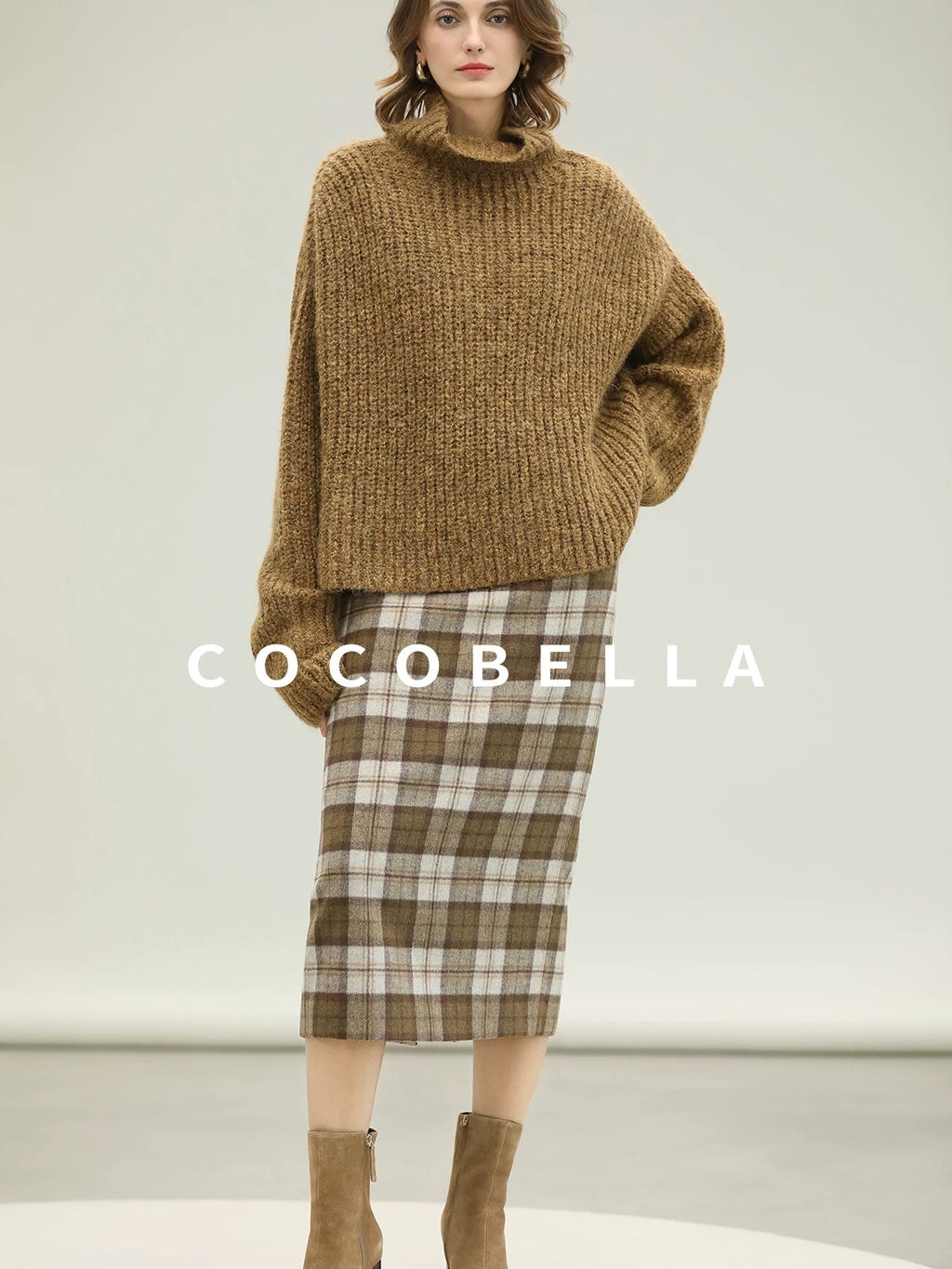 COCOBELLA High Waist Lined Wool Blend Patchwork Straight Ol Office Plaid Midi Skirts