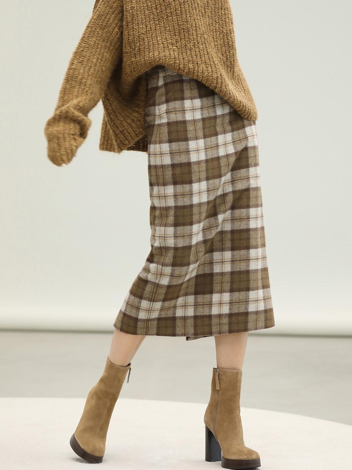 COCOBELLA High Waist Lined Wool Blend Patchwork Straight Ol Office Plaid Midi Skirts
