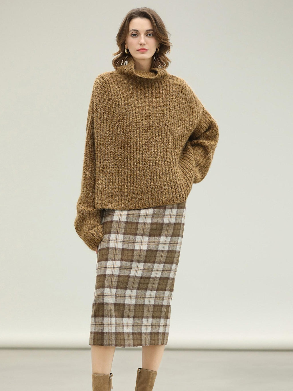 COCOBELLA High Waist Lined Wool Blend Patchwork Straight Ol Office Plaid Midi Skirts