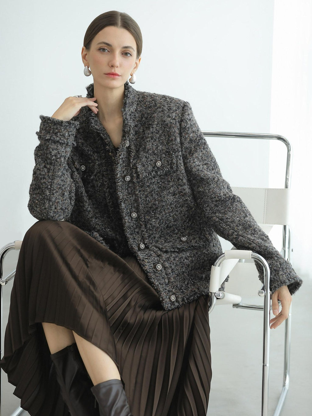 COCOBELLA High Waist Pleated A Line Irregular Hem Office Midi Chocolate Skirts