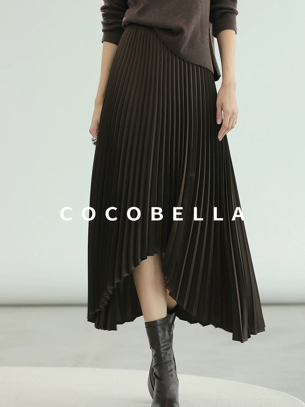 COCOBELLA High Waist Pleated A Line Irregular Hem Office Midi Chocolate Skirts