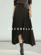 COCOBELLA High Waist Pleated A Line Irregular Hem Office Midi Chocolate Skirts