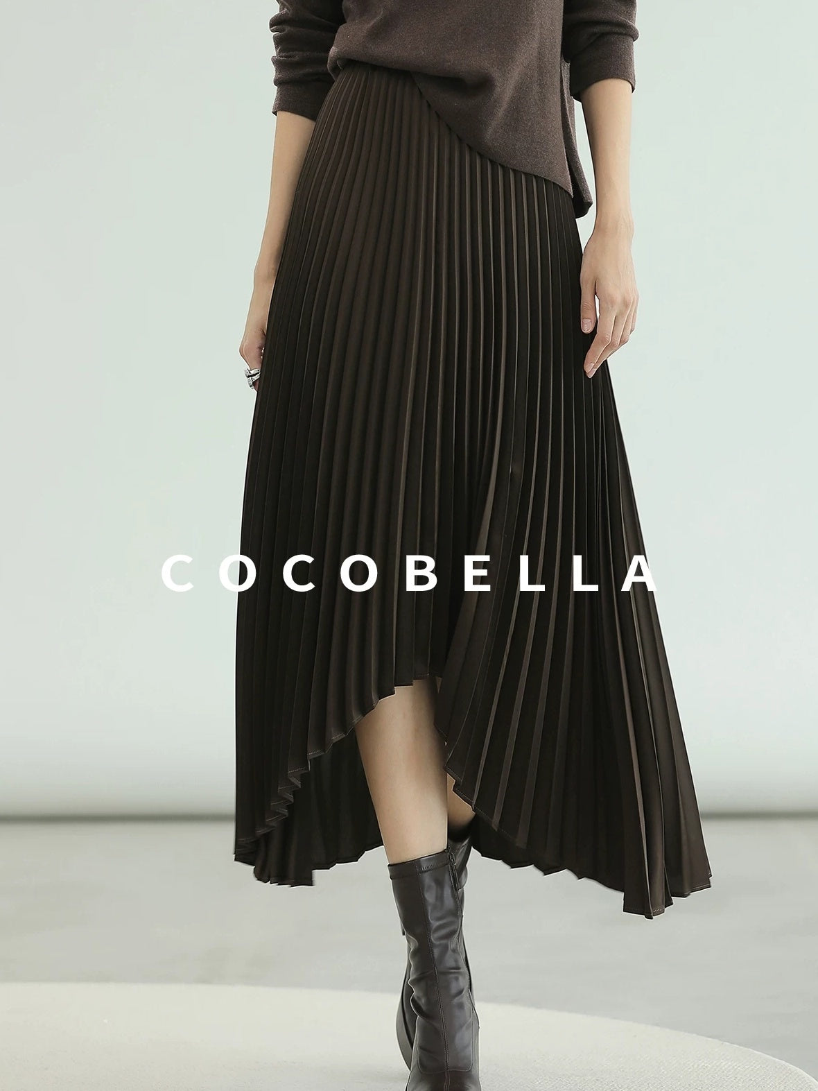 COCOBELLA High Waist Pleated A Line Irregular Hem Office Midi Chocolate Skirts