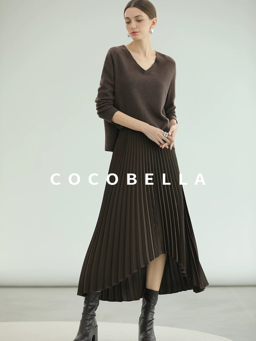 COCOBELLA High Waist Pleated A Line Irregular Hem Office Midi Chocolate Skirts