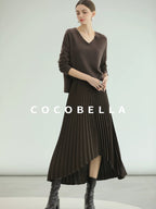 COCOBELLA High Waist Pleated A Line Irregular Hem Office Midi Chocolate Skirts