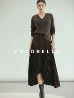 COCOBELLA High Waist Pleated A Line Irregular Hem Office Midi Chocolate Skirts