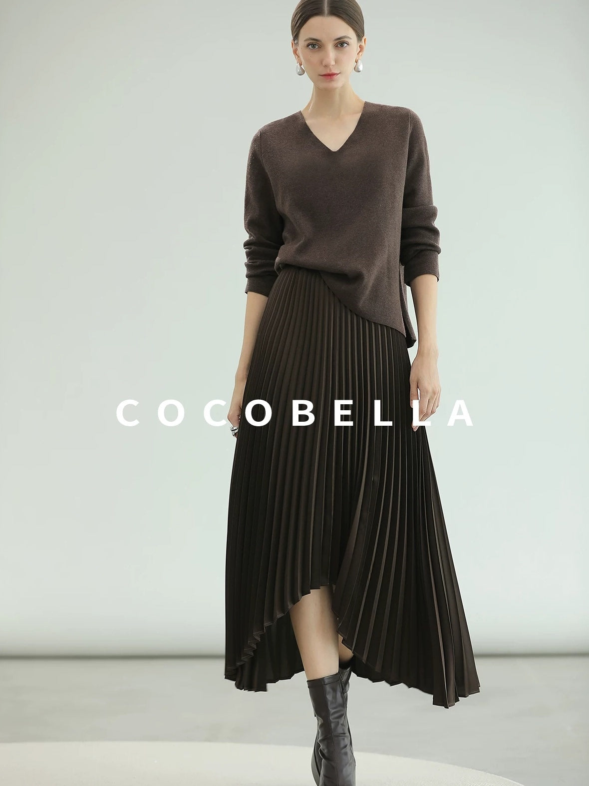 COCOBELLA High Waist Pleated A Line Irregular Hem Office Midi Chocolate Skirts