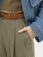 High Waist Pleated Straight Leg Ol Office Houndstooth Polyester Stretch Pants