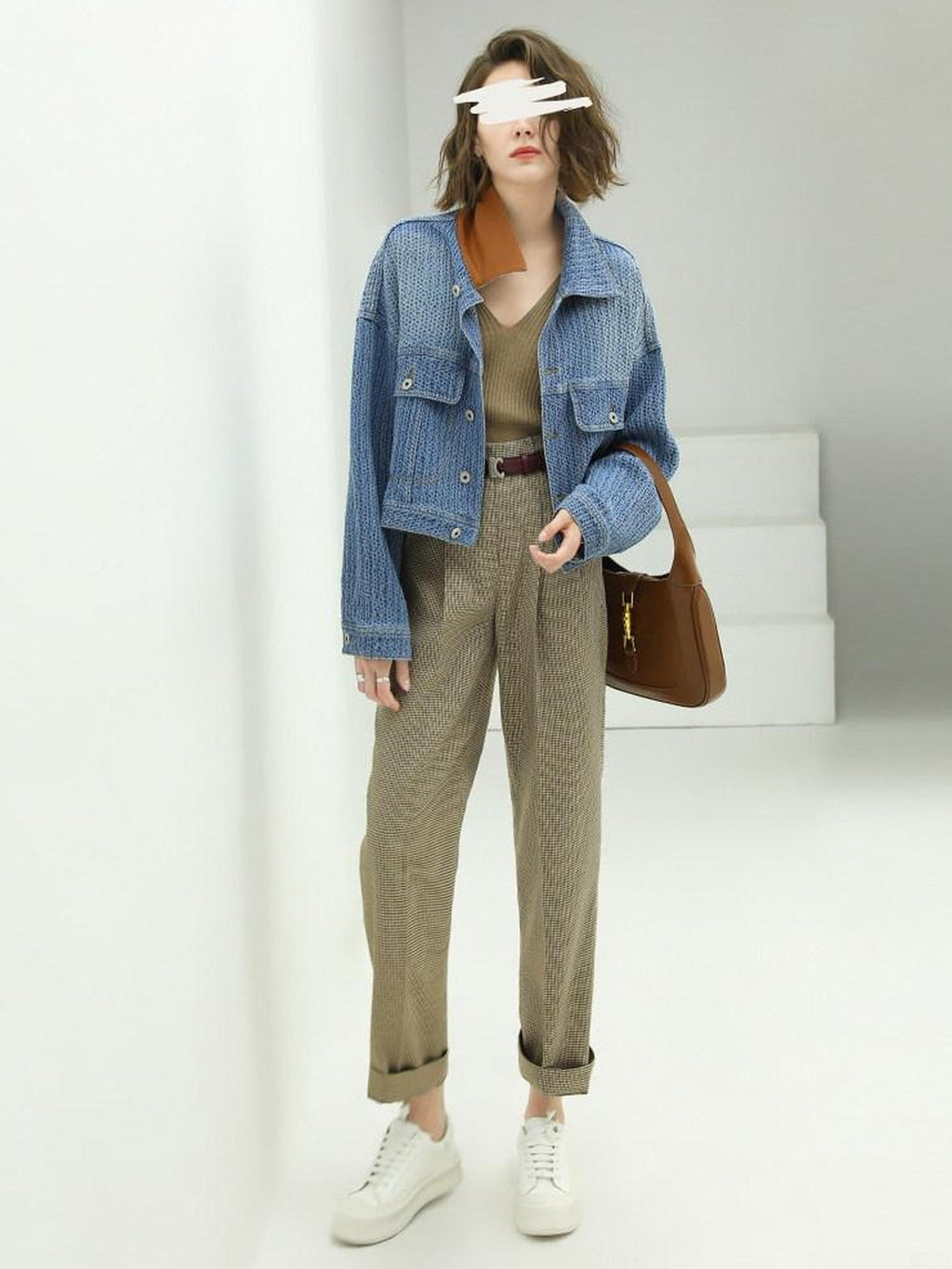 High Waist Pleated Straight Leg Ol Office Houndstooth Polyester Stretch Pants