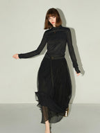 COCOBELLA High Waist Pleated Tulle A Line Loose Women Commuter Black Maxi Skirts