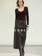 COCOBELLA High Waist Pu Leather Topstitch Slit Vintage Office H Line Maxi Skirts