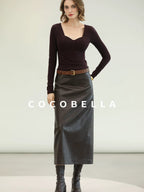 COCOBELLA High Waist Pu Leather Topstitch Slit Vintage Office H Line Maxi Skirts